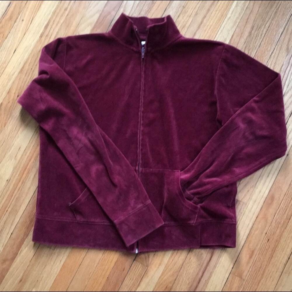 Vintage burgundy velour 1970s zip up sweater​